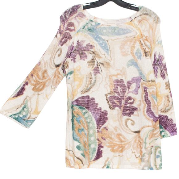 Chicos Womens Sweater 3/4 Sleeve Boho Retro Hippie Garden Art Folk 1 Medium 8 - Picture 1 of 5